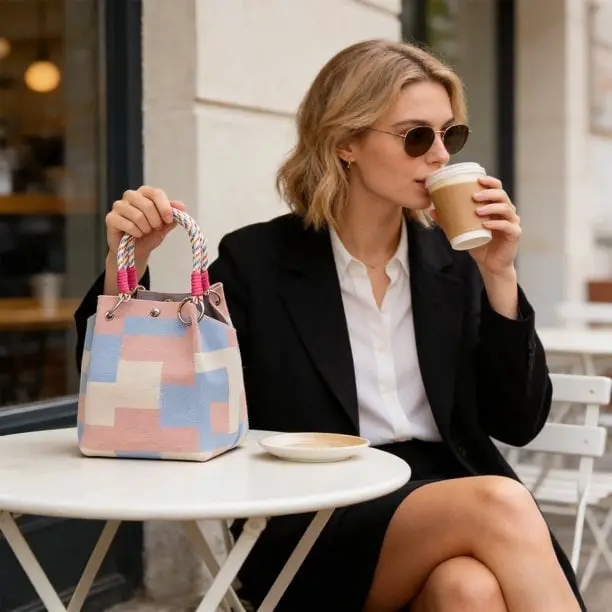 Geometric Canvas Bucket Bag With Mini Skirt — Classy Tote Bag Outfits
