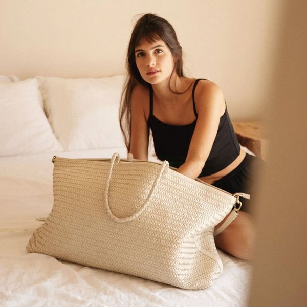 Beige Woven Straw Tote Bag With Black Tank Top — Classy Tote Bag Outfits