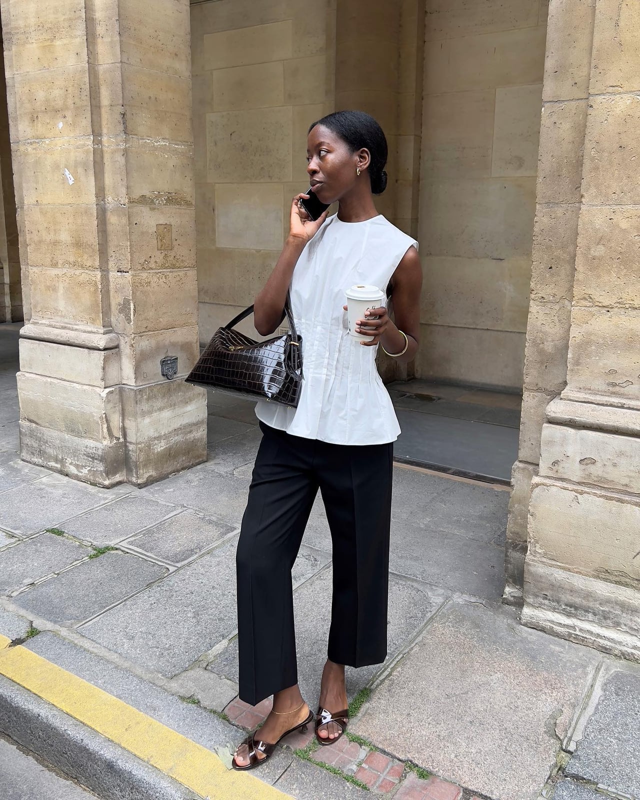 Black Croc-Embossed Tote Bag With Peplum Top — Classy Tote Bag Outfits