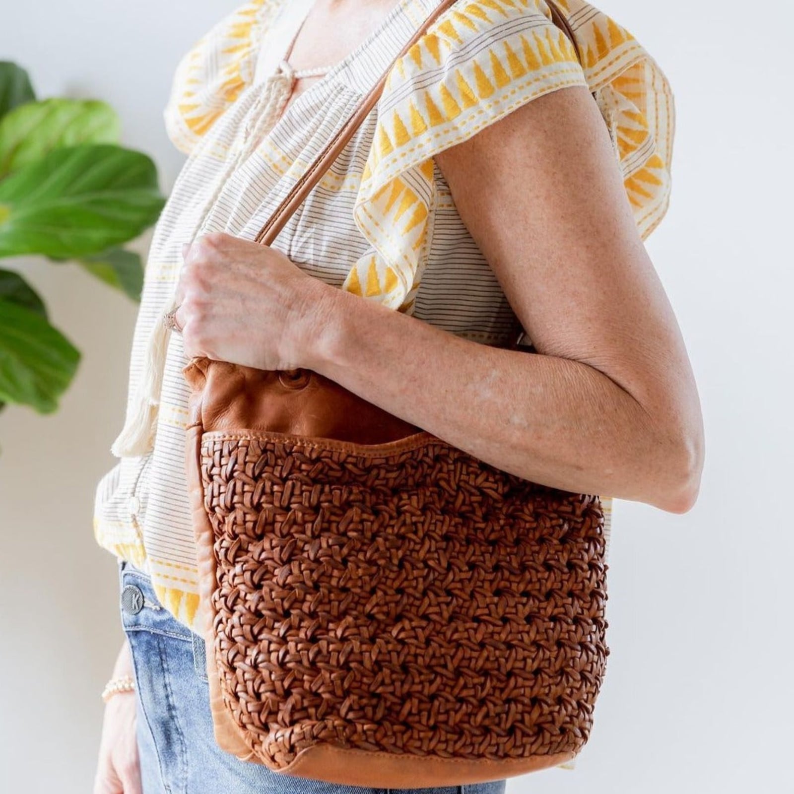 Brown Woven Leather Tote Bag With Striped Top — Classy Tote Bag Outfits