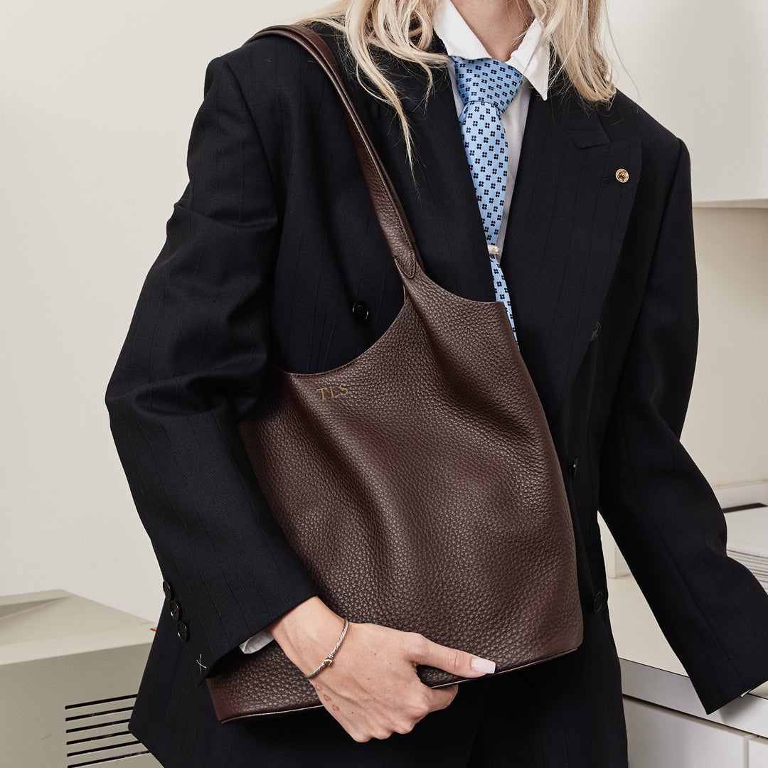 Monogrammed Brown Leather Tote With Oversized Blazer — Classy Tote Bag Outfits