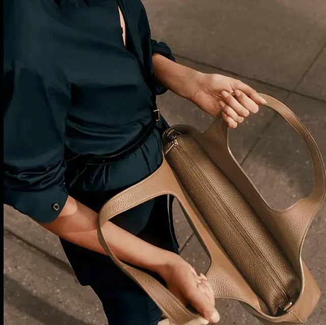 Taupe Leather Tote Bag With Silk Blouse — Classy Tote Bag Outfits