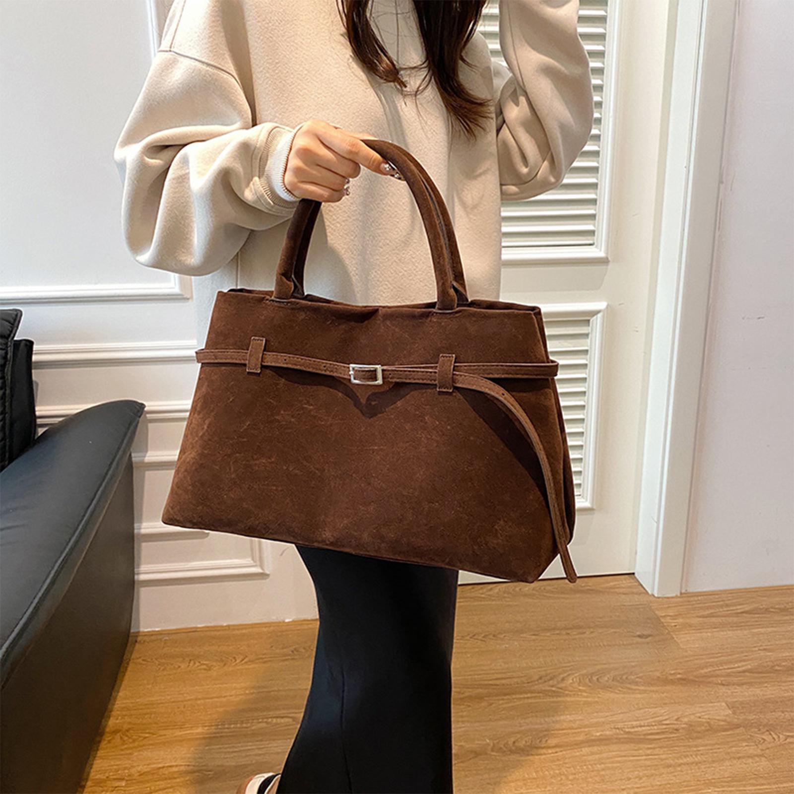 Brown Faux Suede Tote Bag With Cream Hoodie — Classy Tote Bag Outfits
