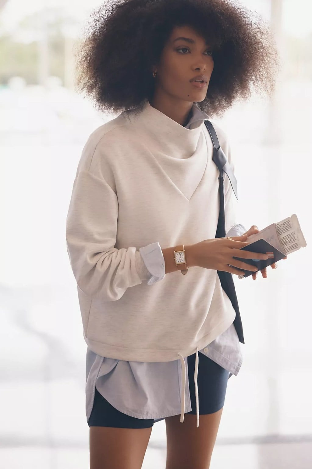 Cream Sweatshirt Over Collared Shirt for Travel — Classy Travel Outfits