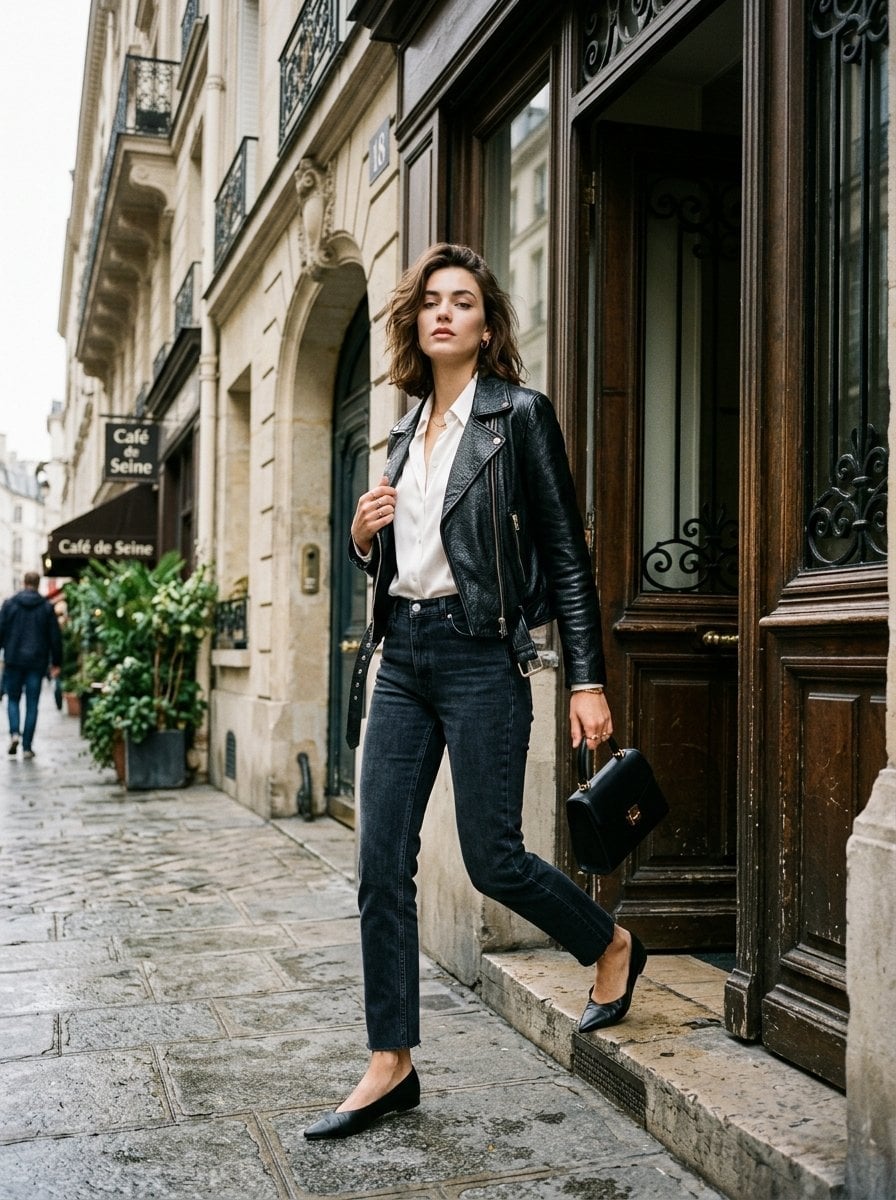 Leather Moto Jacket with Gray Jeans and White Shirt — Classy Travel Outfits
