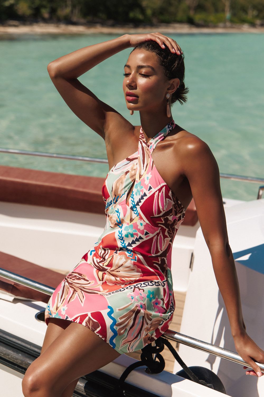 Colorful Halterneck Mini Dress with Tropical Print — Classy Tropical Outfits