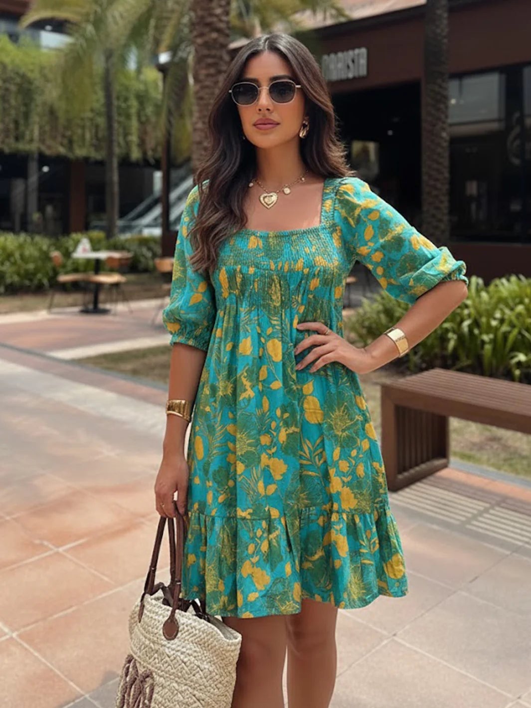 Teal Mini Dress with Yellow Floral Print — Classy Tropical Outfits