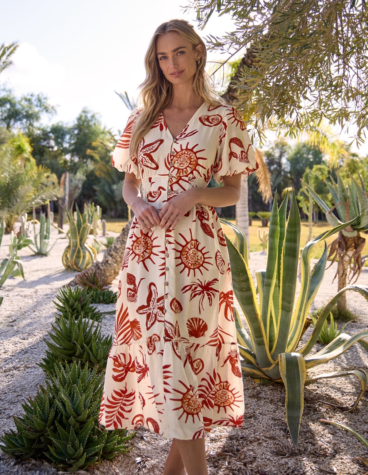 Cream Midi Dress with Puff Sleeves and Shell Print — Classy Tropical Outfits