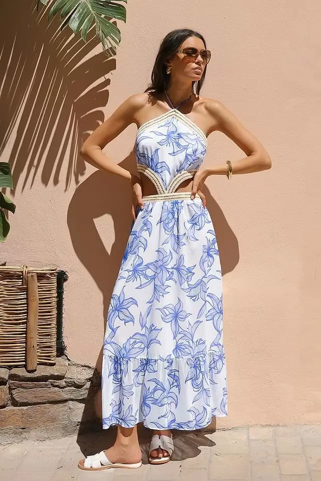 White Halter Neck Maxi Dress with Blue Floral Print — Classy Tropical Outfits