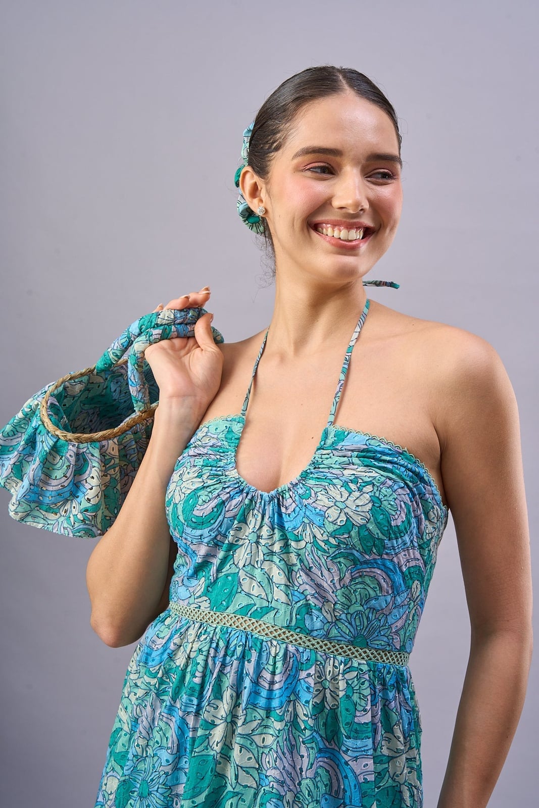 Blue and Green Patterned Halterneck Maxi Dress with Matching — Classy Tropical Outfits
