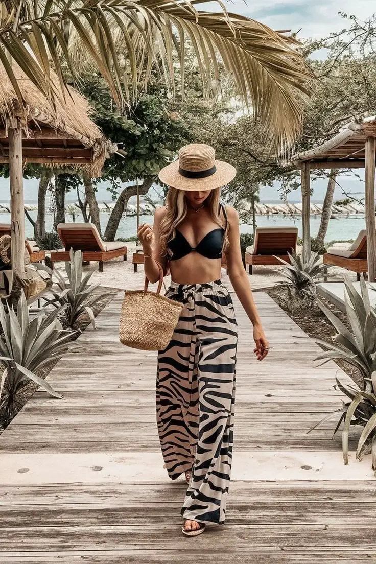 Bikini Top with Zebra Print Wide-Leg Pants — Classy Tropical Outfits