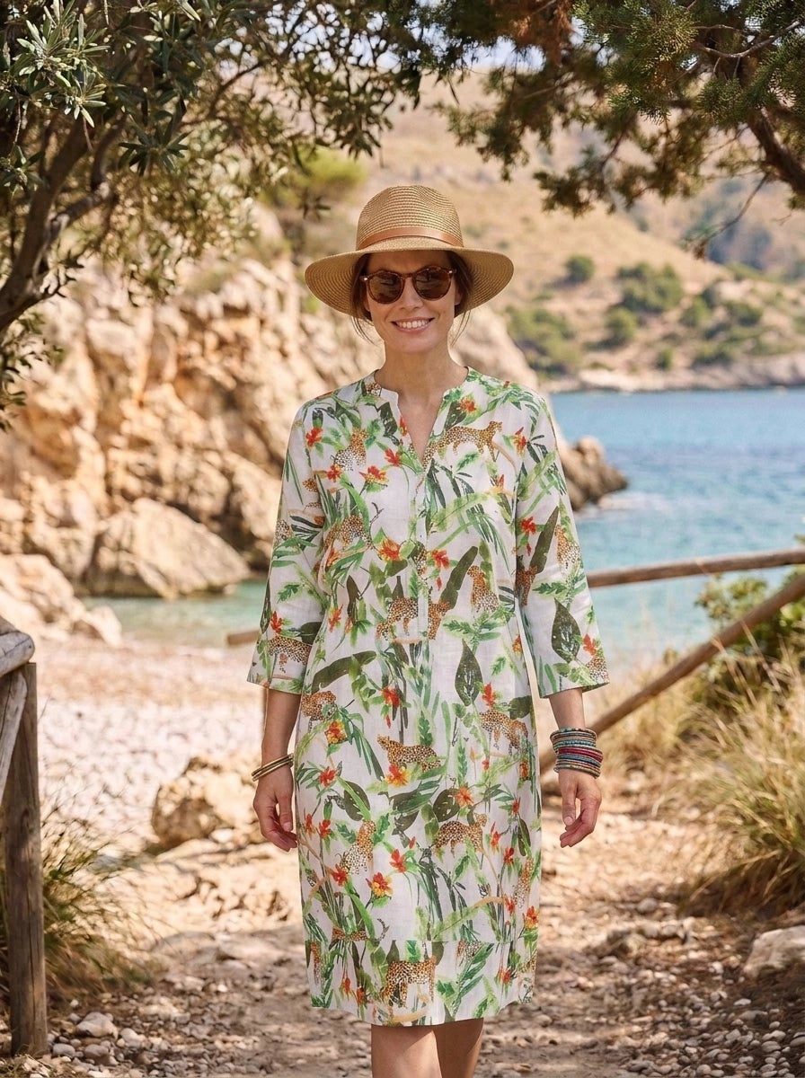 White Tunic Dress with Leopard and Tropical Leaf Print — Classy Tropical Outfits
