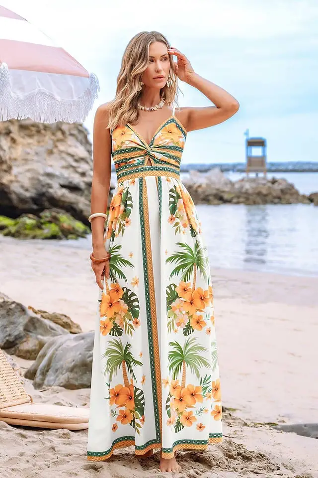 White Maxi Dress with Palm Tree Tropical Print — Classy Tropical Outfits