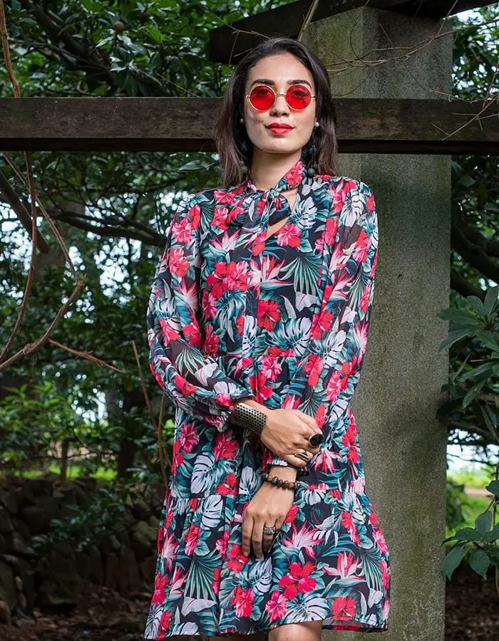 Tiered Midi Dress with Tropical Floral Print and Red Sunglasses — Classy Tropical Outfits