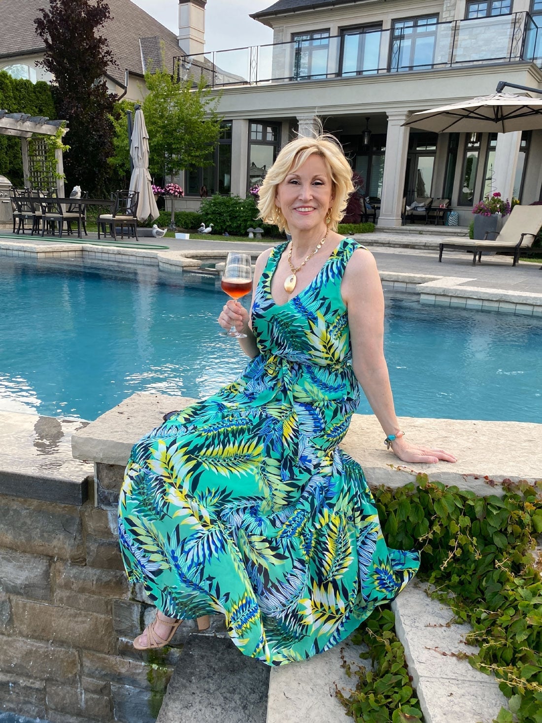 Green Sleeveless Maxi Dress with Tropical Print — Classy Tropical Outfits