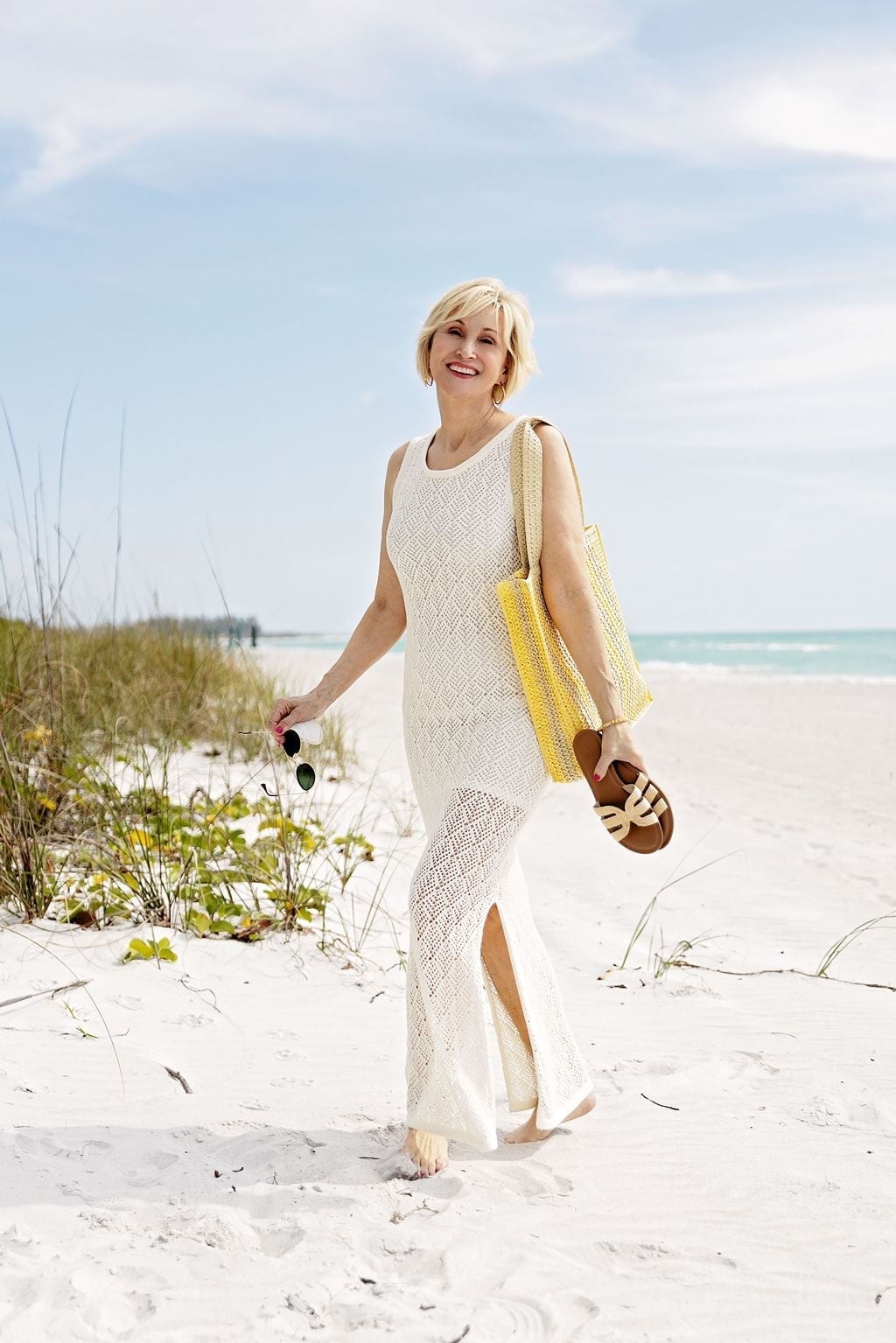 White Crochet Knit Maxi Dress for Beach Vacation With Flat Sandals — Classy Tropical Outfits