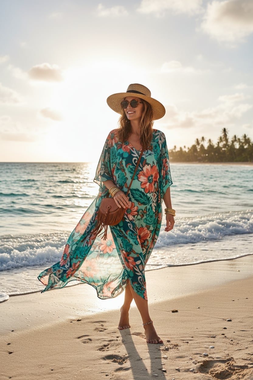 Teal Kaftan with Coral and Green Floral Print — Classy Tropical Outfits