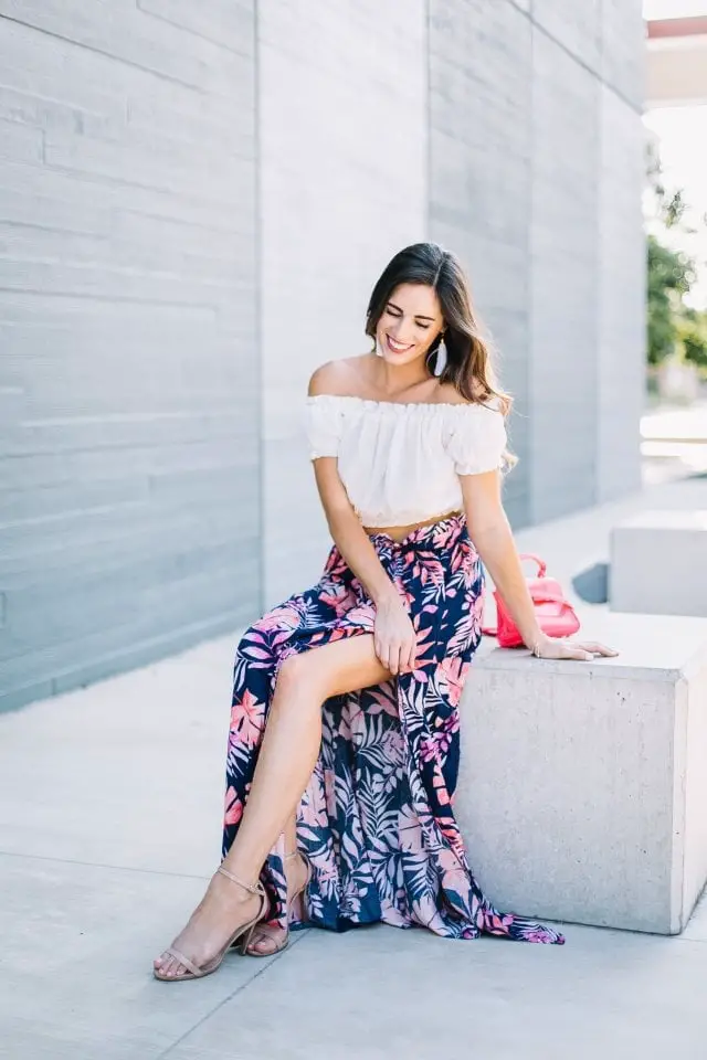 White Crop Top with Navy and Pink Floral Maxi Skirt — Classy Tropical Outfits
