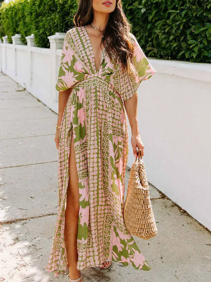 Green and Pink Printed Maxi Dress with High Slit — Classy Tropical Outfits