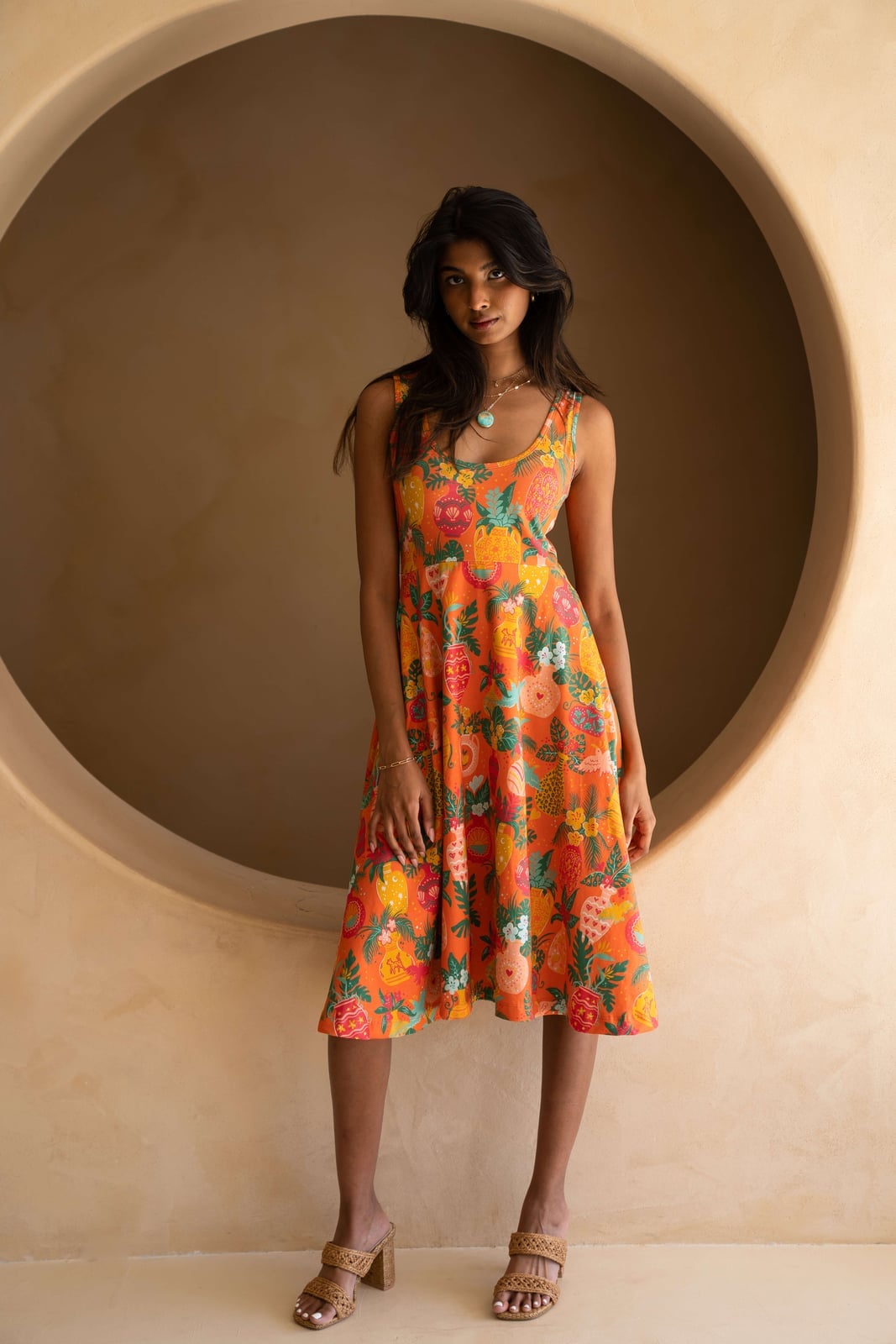 Orange A-Line Dress with Tropical Fruit Print — Classy Tropical Outfits