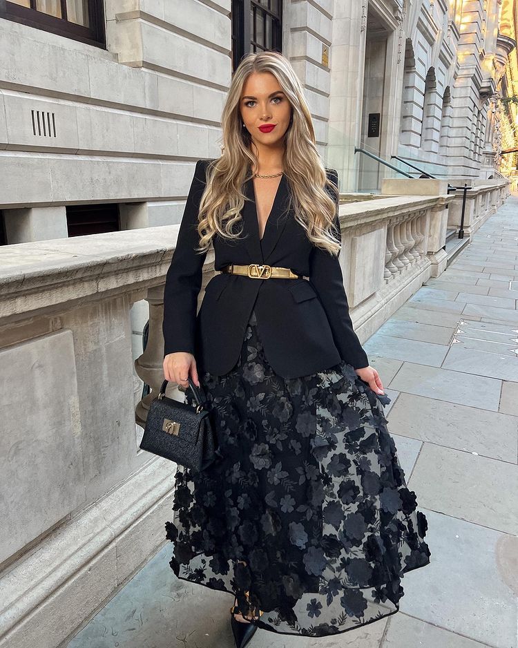 Black Tulle Skirt with Floral Appliqués and Blazer Black Tulle Skirt with Floral Appliqués and Blazer — Classy Tulle Skirt Outfits