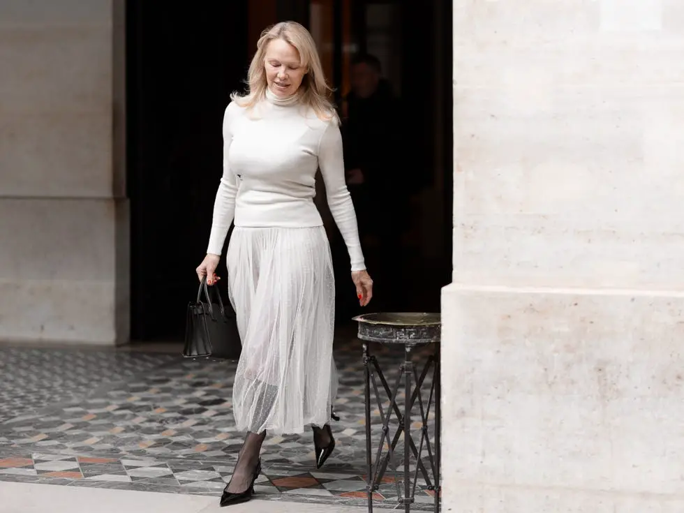 White Pleated Tulle Midi Skirt with Turtleneck White Pleated Tulle Midi Skirt with Turtleneck — Classy Tulle Skirt Outfits