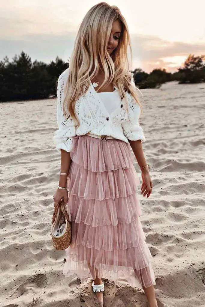 Pink Tiered Tulle Midi Skirt with Crochet Cardigan Pink Tiered Tulle Midi Skirt with Crochet Cardigan — Classy Tulle Skirt Outfits