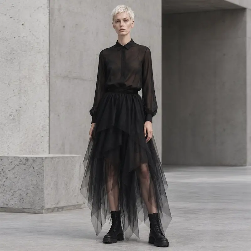 Asymmetrical Layered Black Tulle Skirt with Sheer Shirt Asymmetrical Layered Black Tulle Skirt with Sheer Shirt — Classy Tulle Skirt Outfits