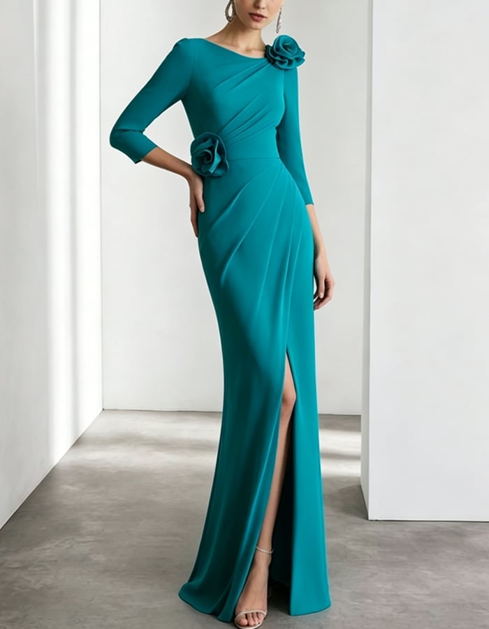 Elegant Turquoise Ruched Dress with Floral Shoulder Detail Elegant Turquoise Ruched Dress with Floral Shoulder Detail — Classy Turquoise Dress