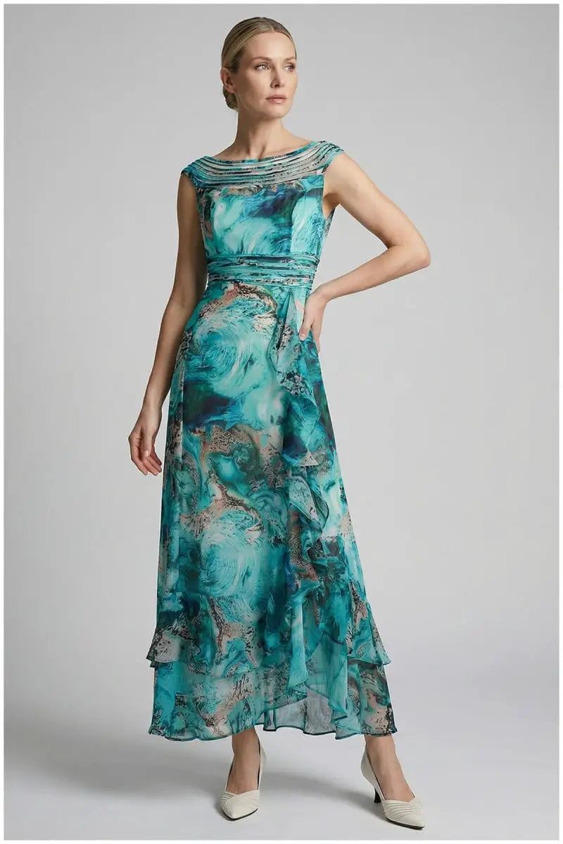 Turquoise Watercolor Print Chiffon Dress with Tiered Hem Turquoise Watercolor Print Chiffon Dress with Tiered Hem — Classy Turquoise Dress