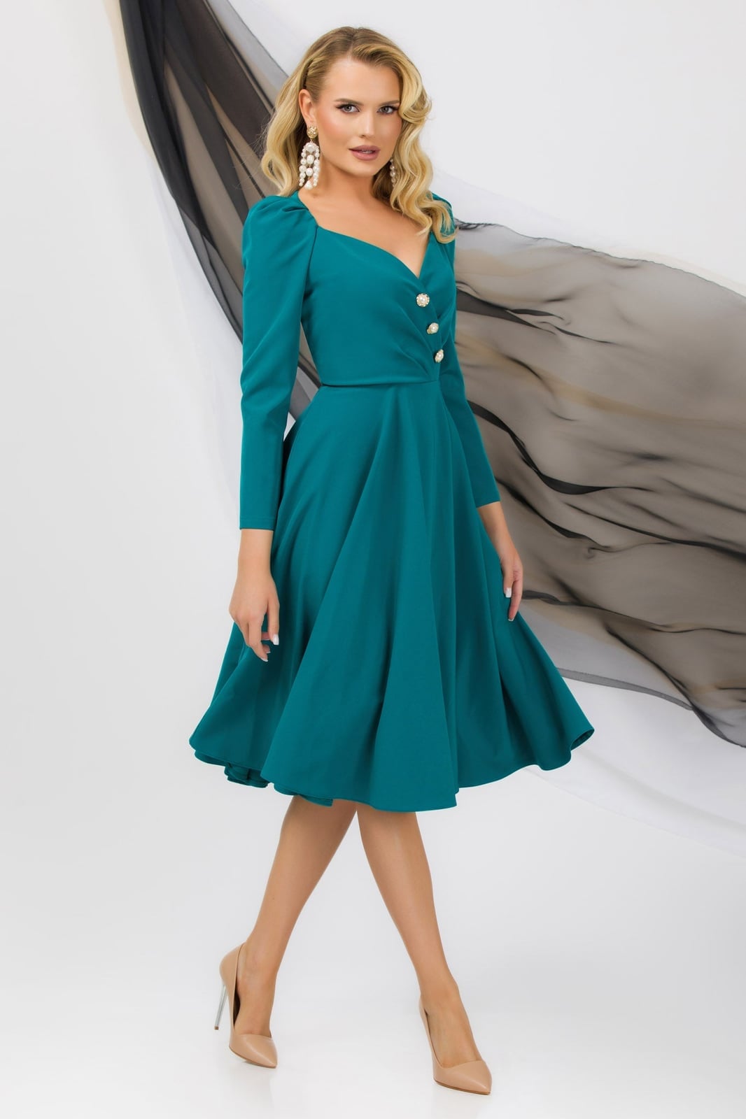 Turquoise Fit-and-Flare Dress with Puff Sleeves Turquoise Fit-and-Flare Dress with Puff Sleeves — Classy Turquoise Dress