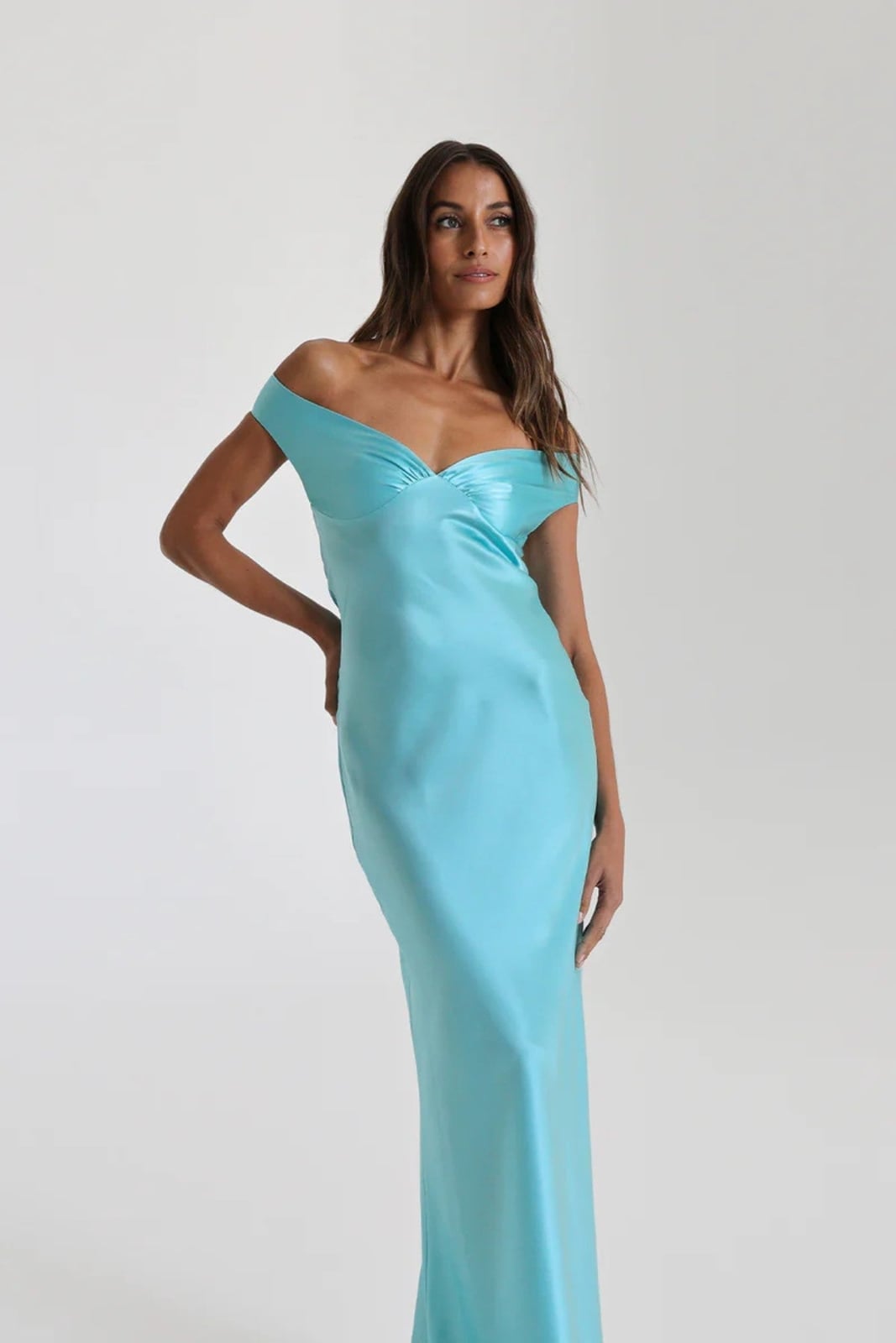 Bright Turquoise Satin Off-Shoulder Maxi Dress Bright Turquoise Satin Off-Shoulder Maxi Dress — Classy Turquoise Dress