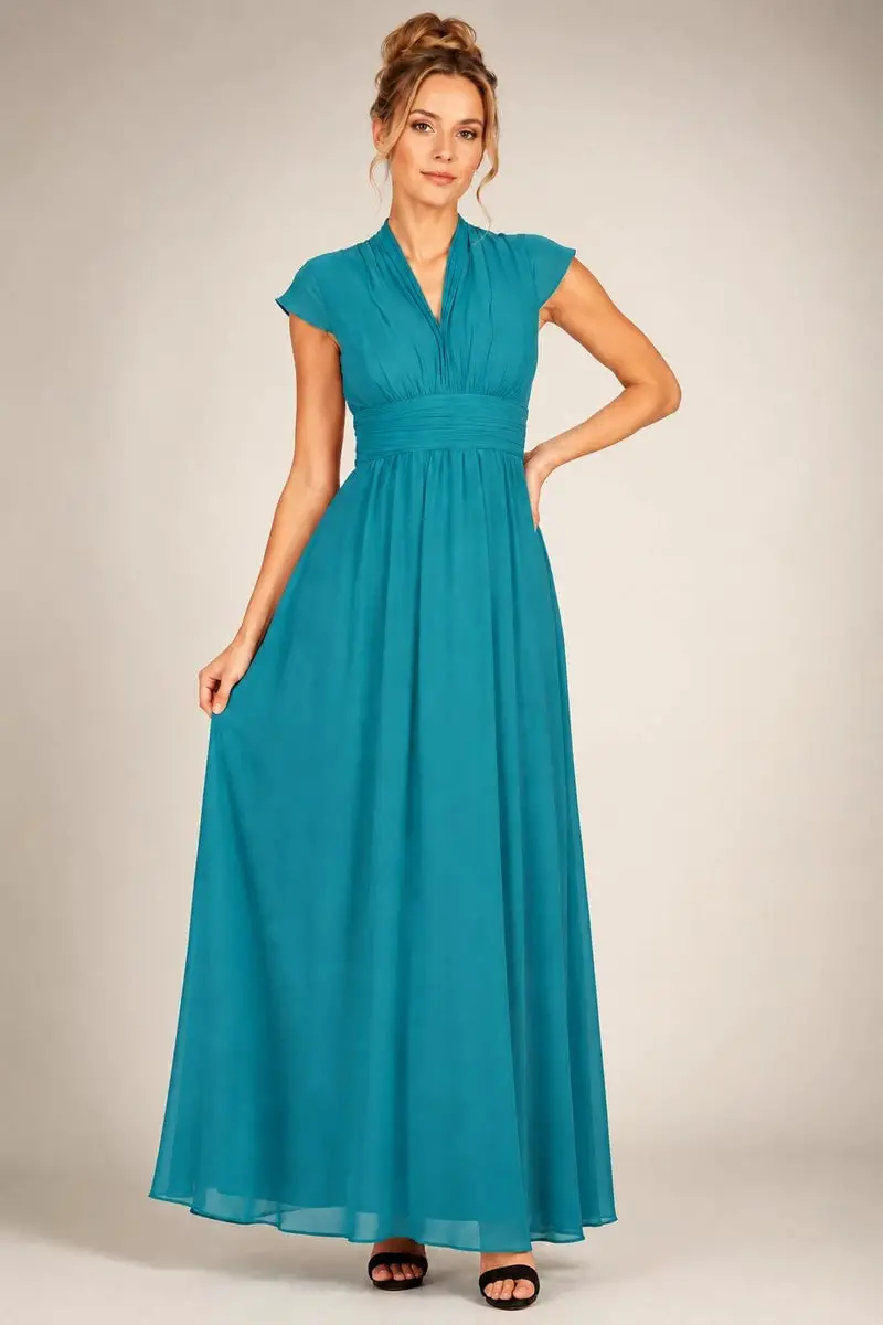 Turquoise Chiffon Maxi Dress with Empire Waistline Turquoise Chiffon Maxi Dress with Empire Waistline — Classy Turquoise Dress