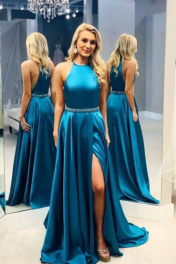 Turquoise Satin A-Line Dress with High Slit and Embellished Belt Turquoise Satin A-Line Dress with High Slit and Embellished Belt — Classy Turquoise Dress