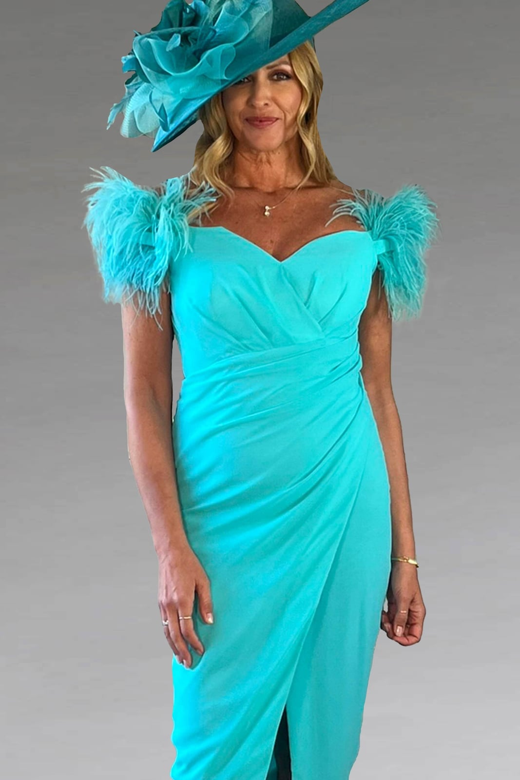 Fitted Turquoise Brocade Off-Shoulder Dress with Feather Trim Fitted Turquoise Brocade Off-Shoulder Dress with Feather Trim — Classy Turquoise Dress