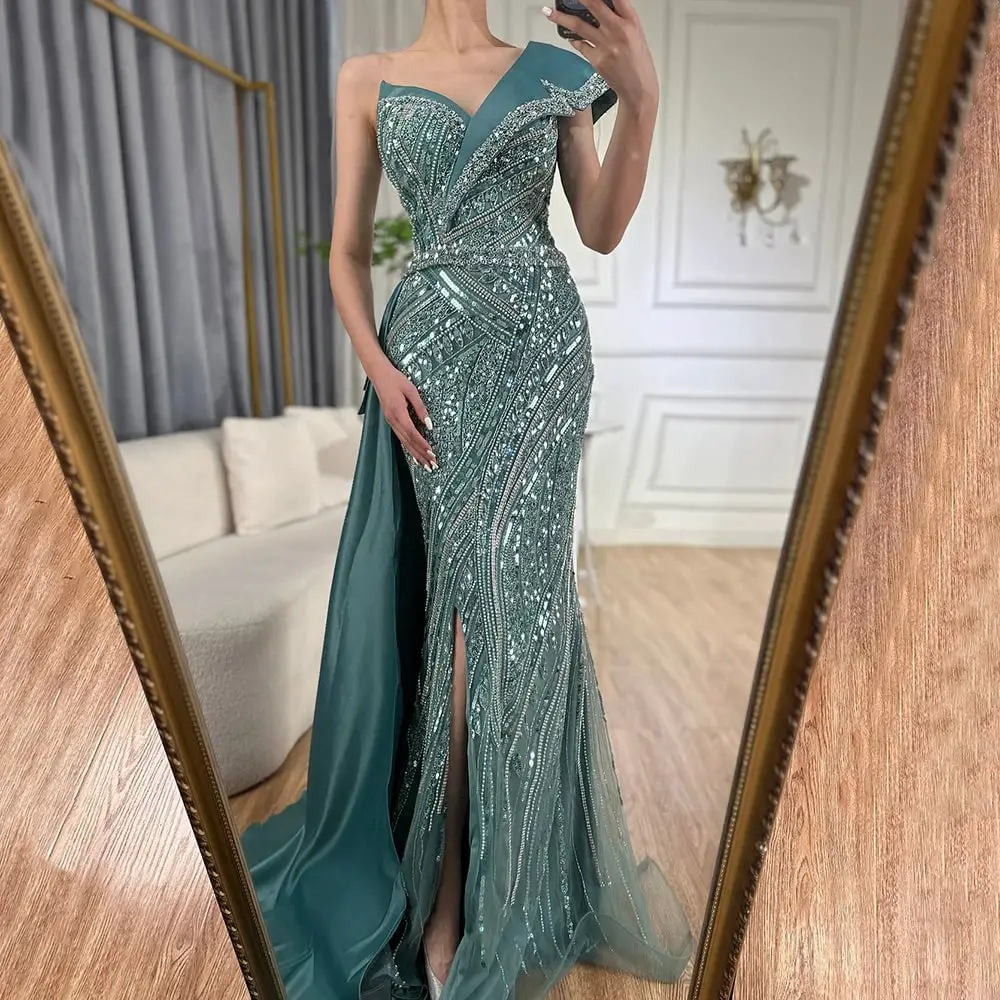 Teal One-Shoulder Mermaid Dress with Silver Embellishments Teal One-Shoulder Mermaid Dress with Silver Embellishments — Classy Turquoise Dress