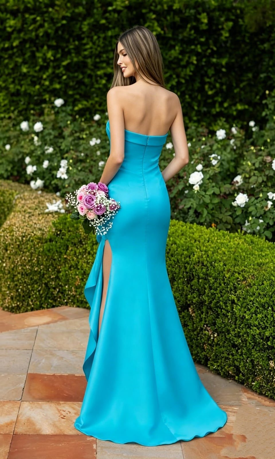 Turquoise Strapless Dress with High Slit and Ruffle Detail Turquoise Strapless Dress with High Slit and Ruffle Detail — Classy Turquoise Dress