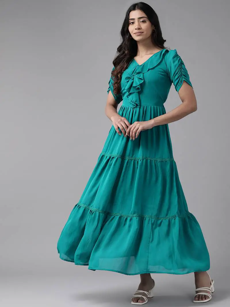 Turquoise Georgette Tiered Maxi Dress with Ruffled Neckline Turquoise Georgette Tiered Maxi Dress with Ruffled Neckline — Classy Turquoise Dress
