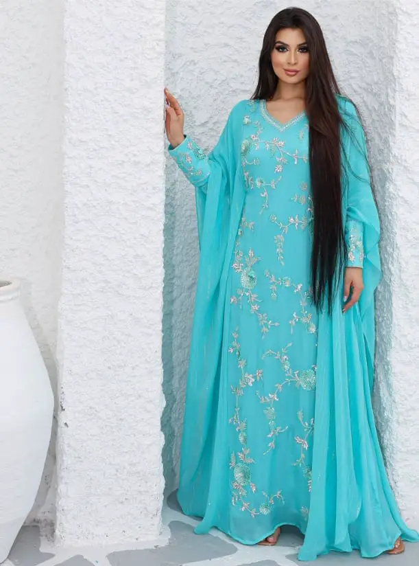 Turquoise Chiffon Kaftan Dress with Silver Embroidery Turquoise Chiffon Kaftan Dress with Silver Embroidery — Classy Turquoise Dress