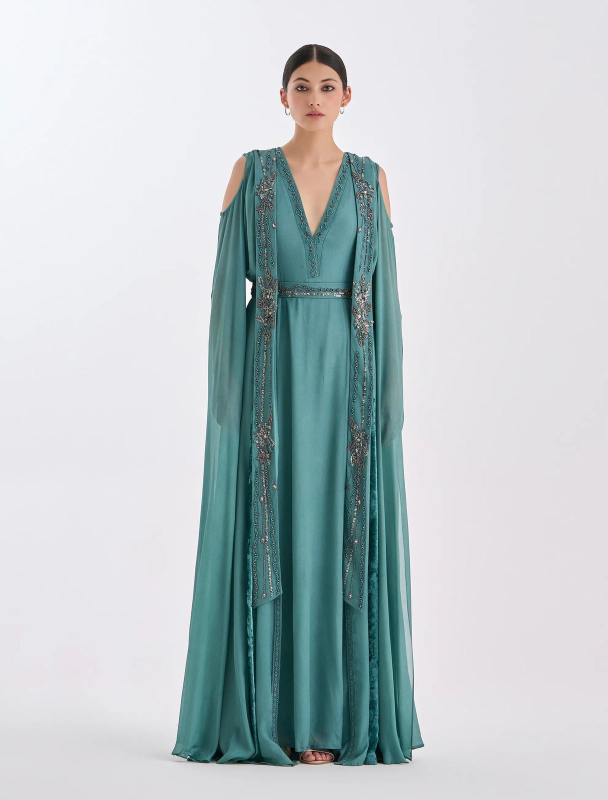 Flowing Teal Chiffon Dress with Cold Shoulder Sleeves Flowing Teal Chiffon Dress with Cold Shoulder Sleeves — Classy Turquoise Dress