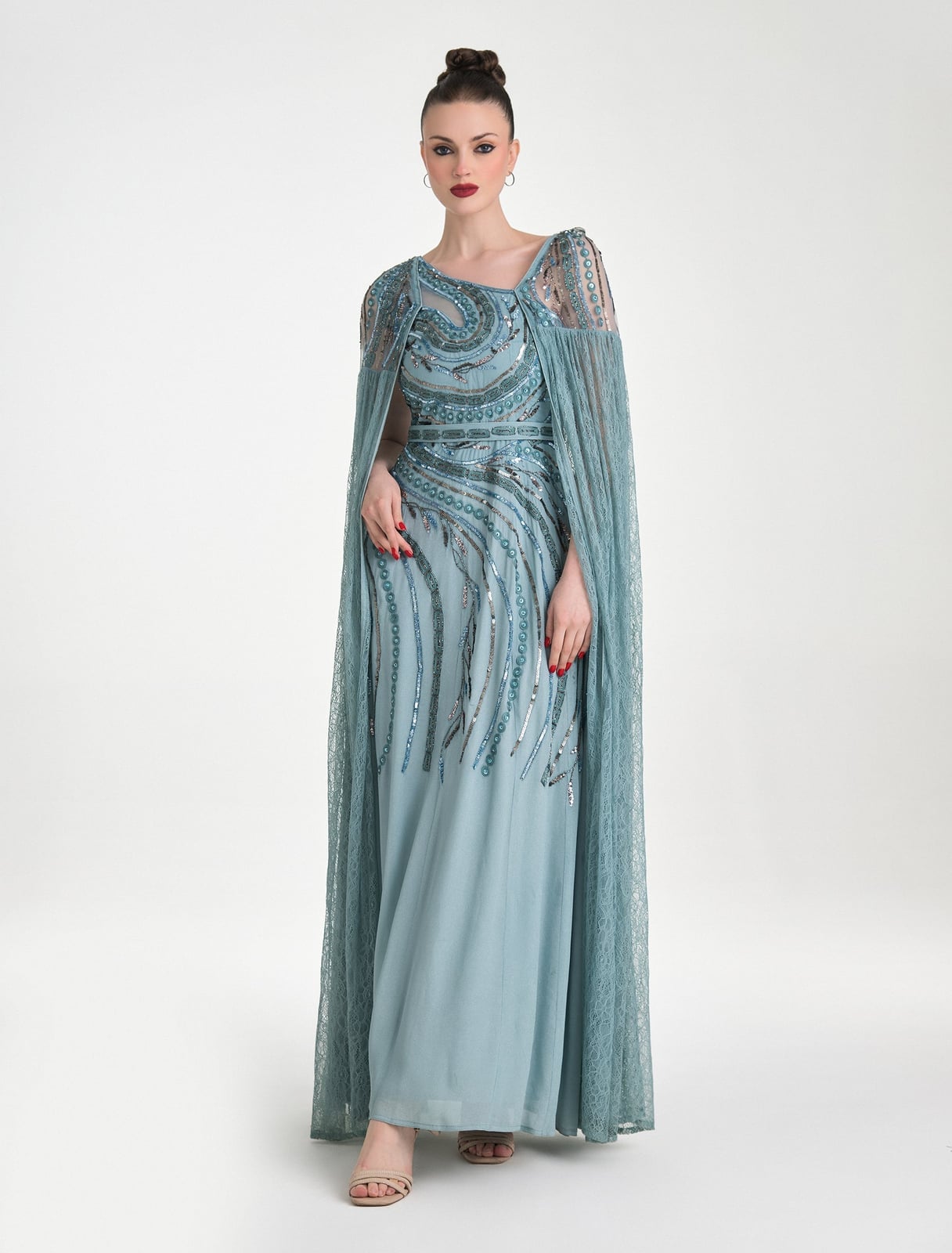 Dusty Blue Crepe Gown with Lace Cape Overlay Dusty Blue Crepe Gown with Lace Cape Overlay — Classy Turquoise Dress