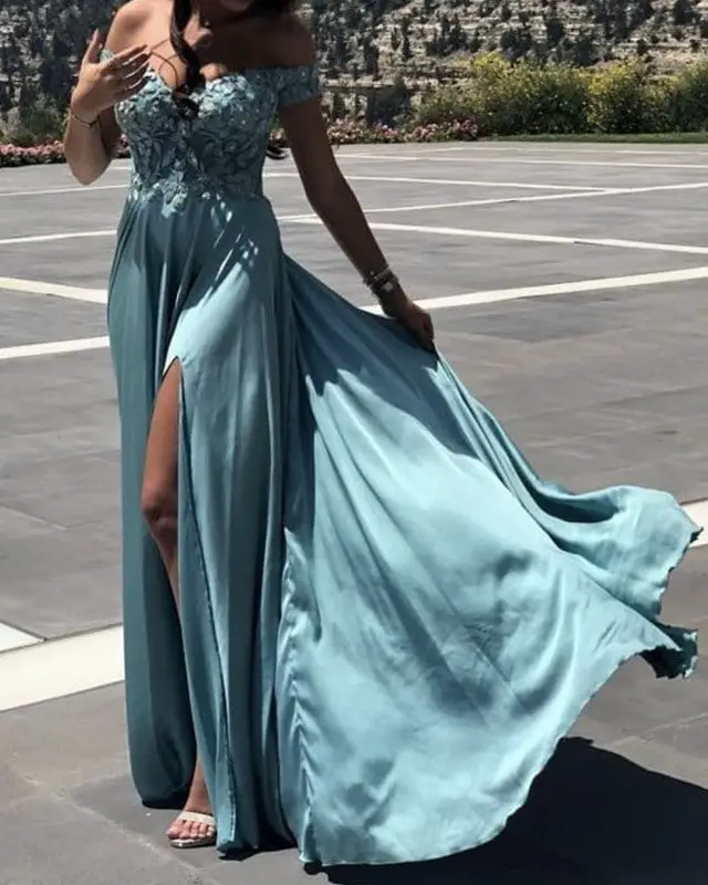 Light Blue Satin Off-Shoulder Dress with Lace Bodice Light Blue Satin Off-Shoulder Dress with Lace Bodice — Classy Turquoise Dress