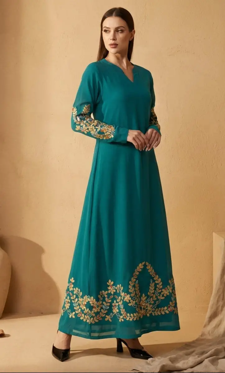 Deep Teal Crepe Maxi Dress with Gold Floral Embroidery Deep Teal Crepe Maxi Dress with Gold Floral Embroidery — Classy Turquoise Dress