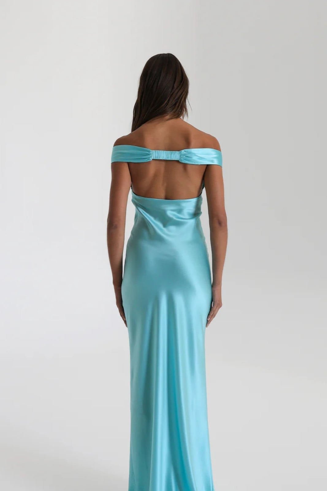 Light Blue Silk Off-Shoulder Column Gown — Classy Turquoise Outfits