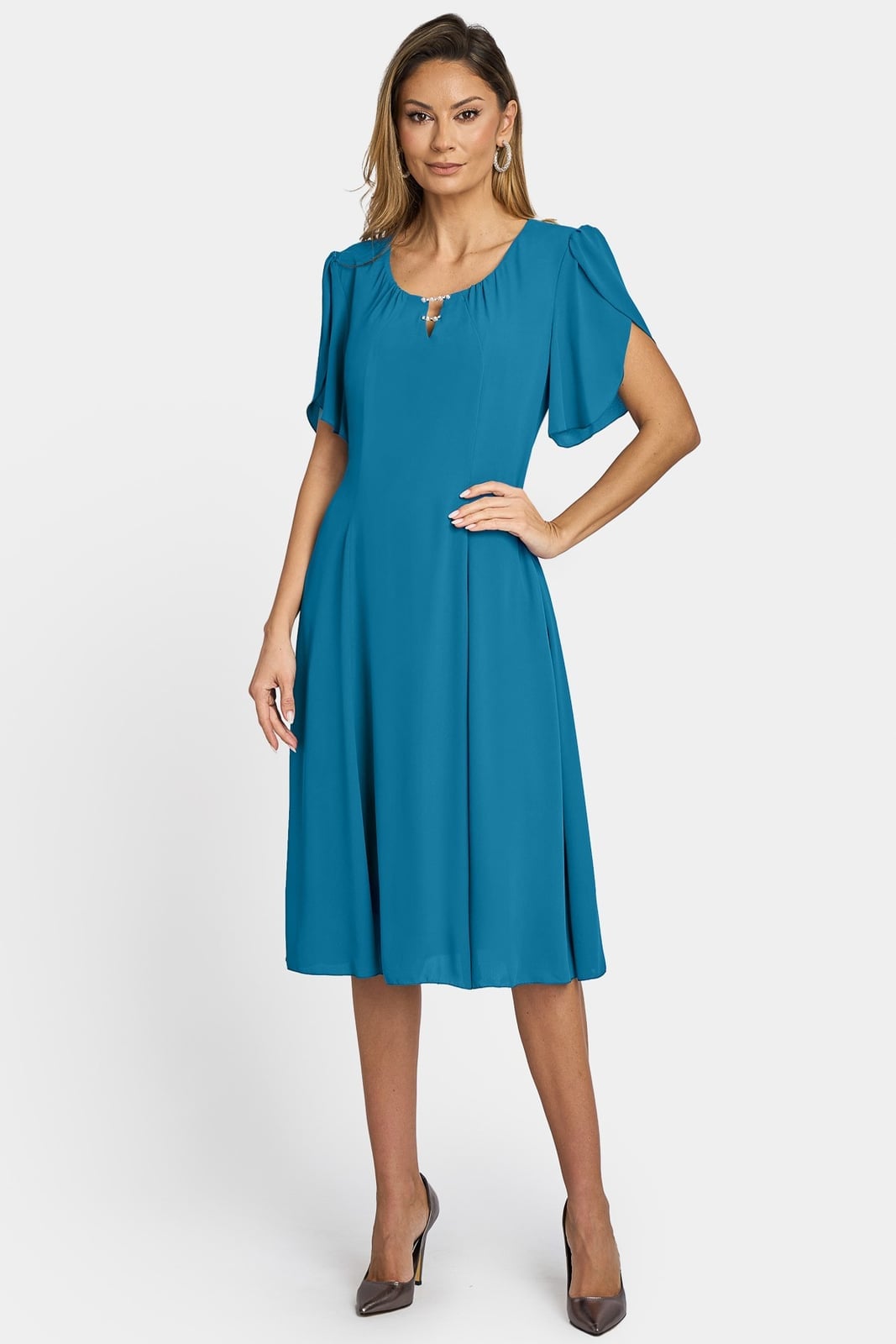 Teal Blue Crepe Midi Dress With Keyhole Neckline — Classy Turquoise Outfits