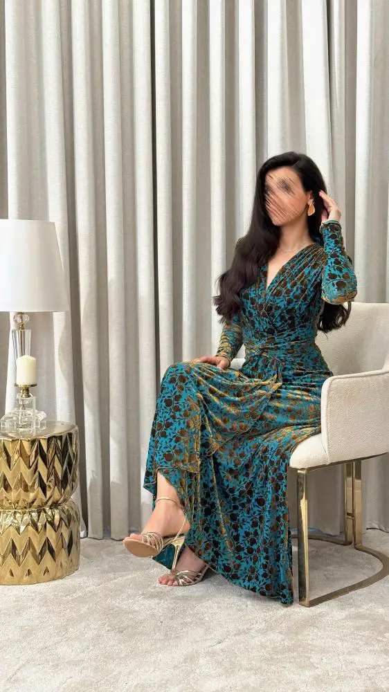 Teal Velvet Wrap Dress With Gold Floral Pattern, Close-Up Take — Classy Turquoise Outfits