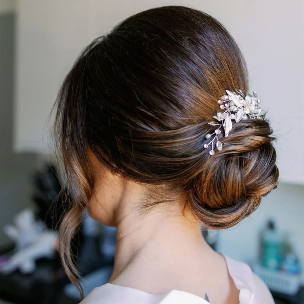 Dark Brown Twisted Low Bun With Accessory — Classy Twist Updo