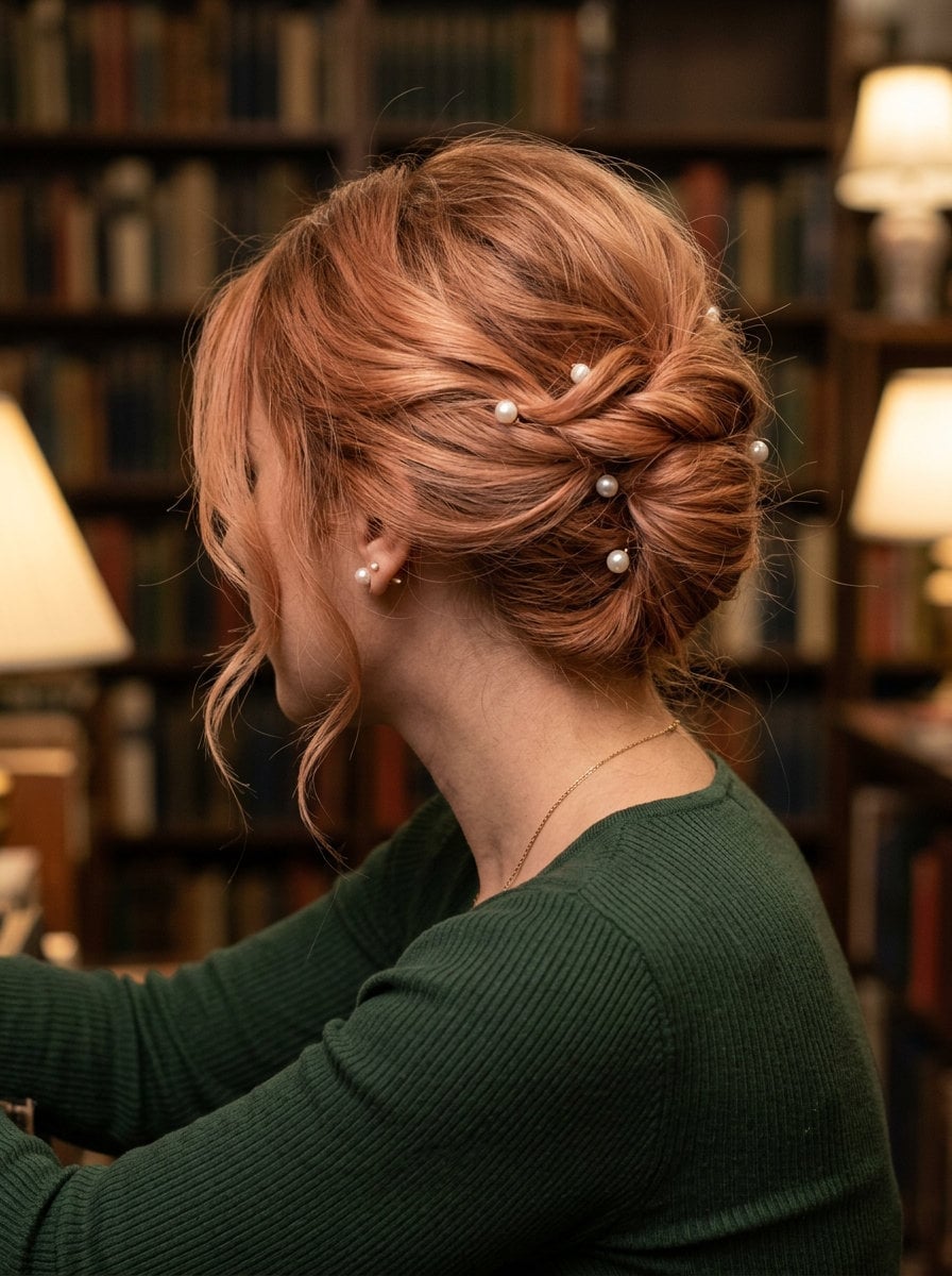 Rose Gold Wavy Twisted Updo With Pearls — Classy Twist Updo