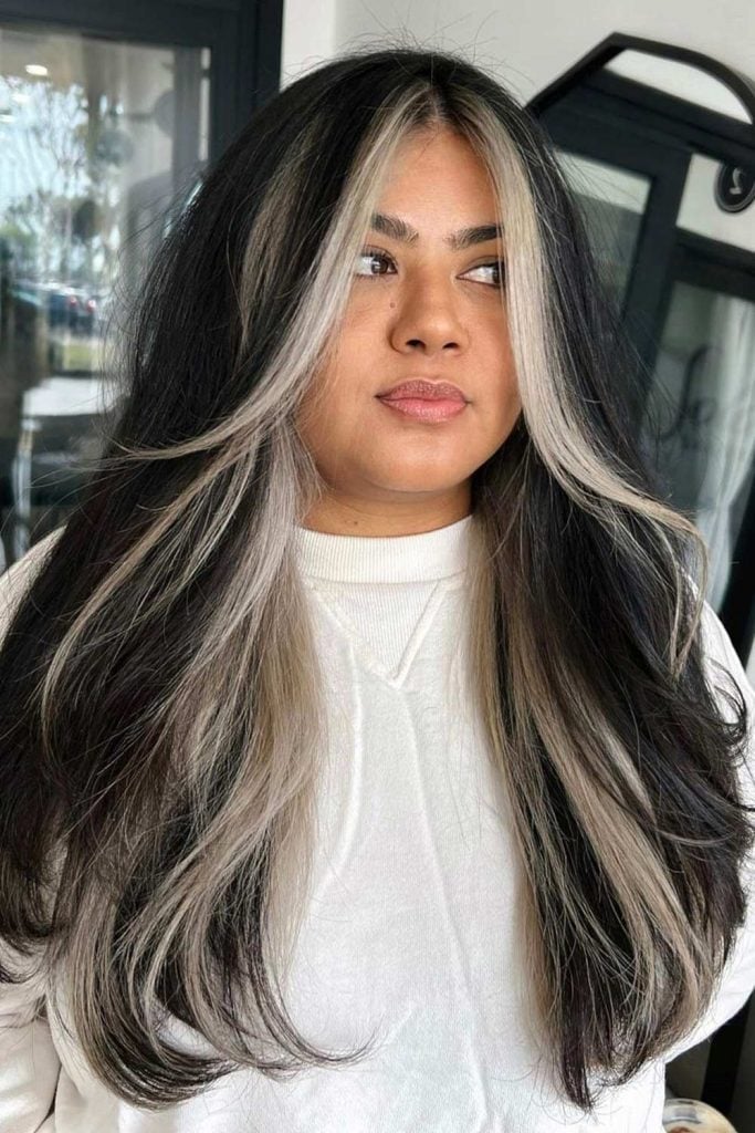 Mid-Back Layers With Blonde Money Piece Mid-Back Layers With Blonde Money Piece — Classy Two Tone Hair