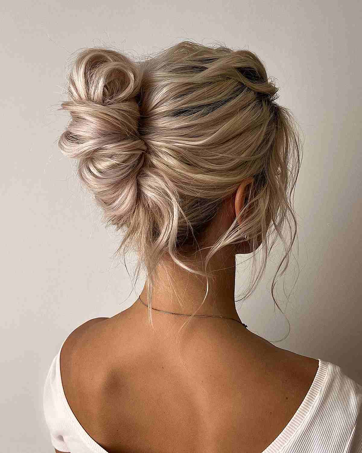 Messy Ash Blonde Updo With Loose Strands Messy Ash Blonde Updo With Loose Strands — Classy Updo Wig